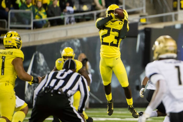 Verone McKinley III (23) intercepts a pass against during the second half against the Colorado Buffaloes at Autzen Stadium on October 11, 2019. The Ducks would win 45-3.
